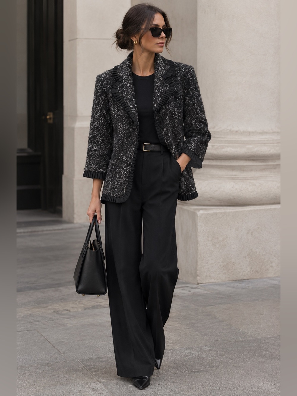 Sandro | Marled Ribbon Ruffle Trimmed Blazer Jacket Short Button Front City Chic